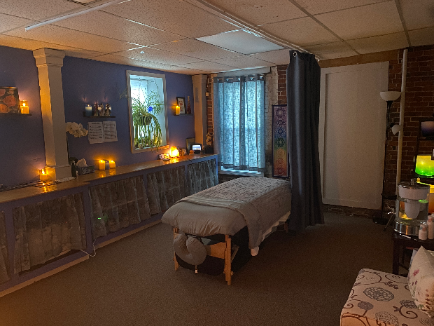 Clean, professional medical spa treatment room with neutral tones at Mass Healing in Newburyport